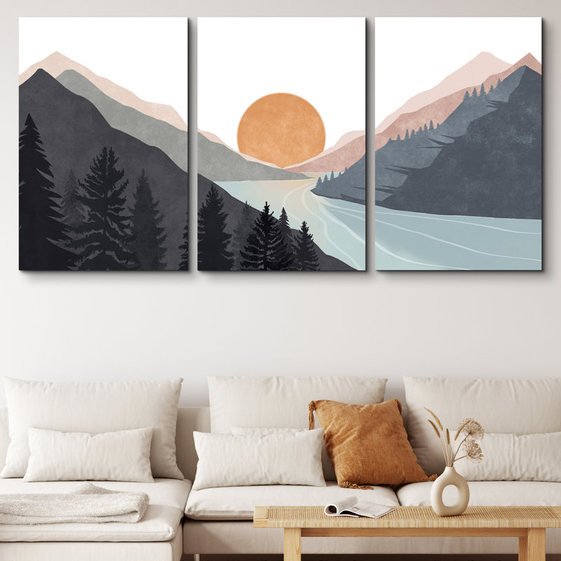 «Sun Mountain Landscape Range Abstract Lake Nature», ensemble de 3 reproductions d'art sur toile encadrées, Toile tendue