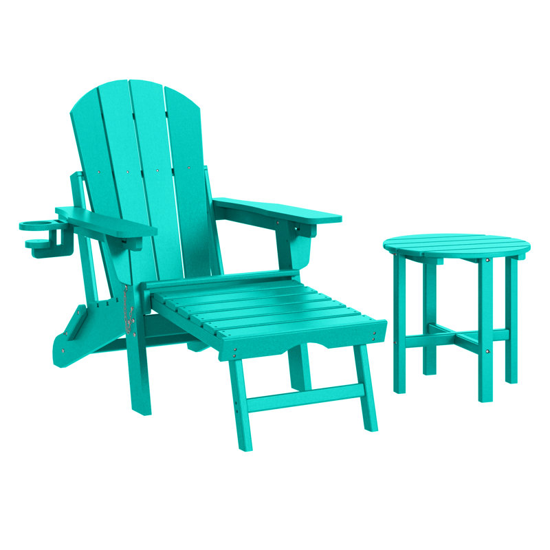 Outdoor Folding Adjustable Adirondack Chair With Hideaway Ottoman & Round Side Table, Turquoise
