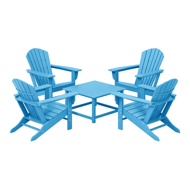 Outdoor 5-Piece Adirondack Chair With Square Coffee Table Conversation Set, Pacific Blue