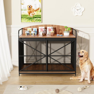 42.8" Heavy Duty Large Dog Crate Furniture For Large Medium Dog, Farmhouse Wooden Dog Kennel Indoor End Table, Decorative Pet House For Large Dogs