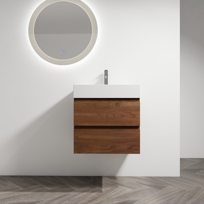 Meuble-lavabo mural 24 po avec lavabo en résine, 2 tiroirs à fermeture en douceur, ensemble KD, 24", Chêne brun