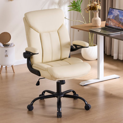 Office Chair, Ergonomic Computer Chair with Flip-up Arms Home Desk Chairs Comfy PU Leather Executive Mid Back Support Adjustable Height Tilt Lock Swivel Rolling Wheels, Cream