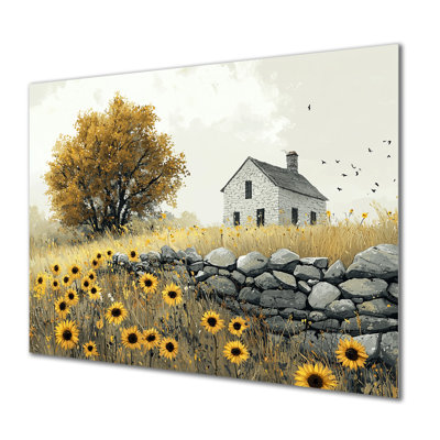 Grange, tournesols et mur de pierre II - tournesols, art mural en métal, reproduction d'art traditionnelle en métal