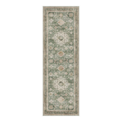 Elysian Persian Vintage Medallion Machine Washable Beige / Green Indoor Area Rug with Non-Slip Backing