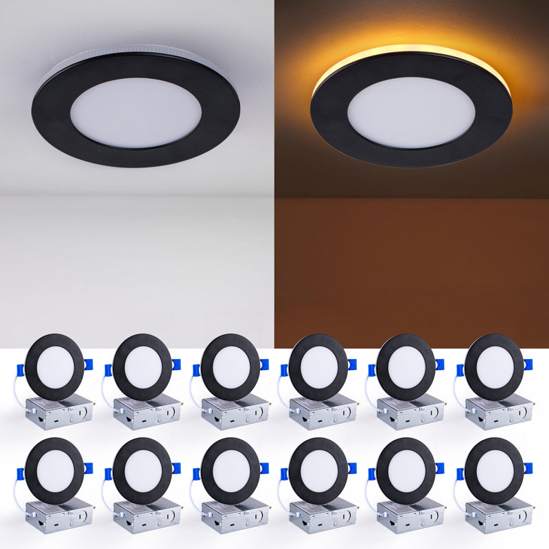 Ensemble de 4 lumières encastrées noires de 4 pouces - avec veilleuse, wafer à culot réglable de 9 W 800LM, lumière encastrée sans boîte 2700K-5000K 5CCT avec boîte de jonction