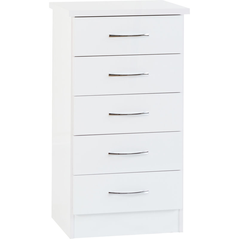 Kosie 5 Drawer Narrow Chest, White Gloss