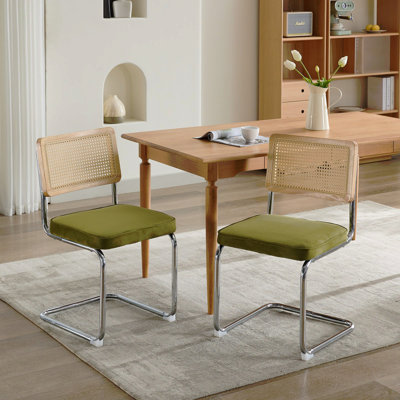 Ensemble de 2 chaises de salle à manger de style Mid-Century moderne, chaises d'appoint en velours avec dossier canne et base en acier inoxydable chromé, célèbres chaises de style Breuer, chaises de cuisine rembourrées en rotin