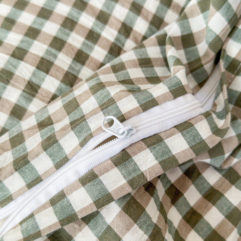Washed Cotton Checkered Pattern Duvet Cover Set, King Duvet Cover + 2 King Pillowcases, Meadow Green