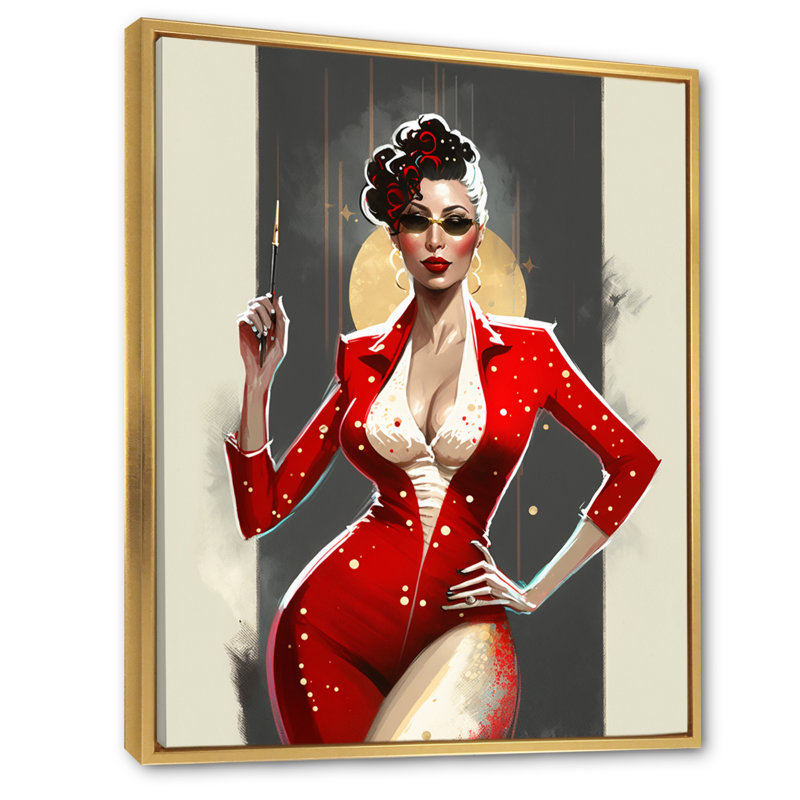 Femme sensuelle en rouge - imprimé, H 32 po x l 16 po x P 1 po, Cadre flottant doré