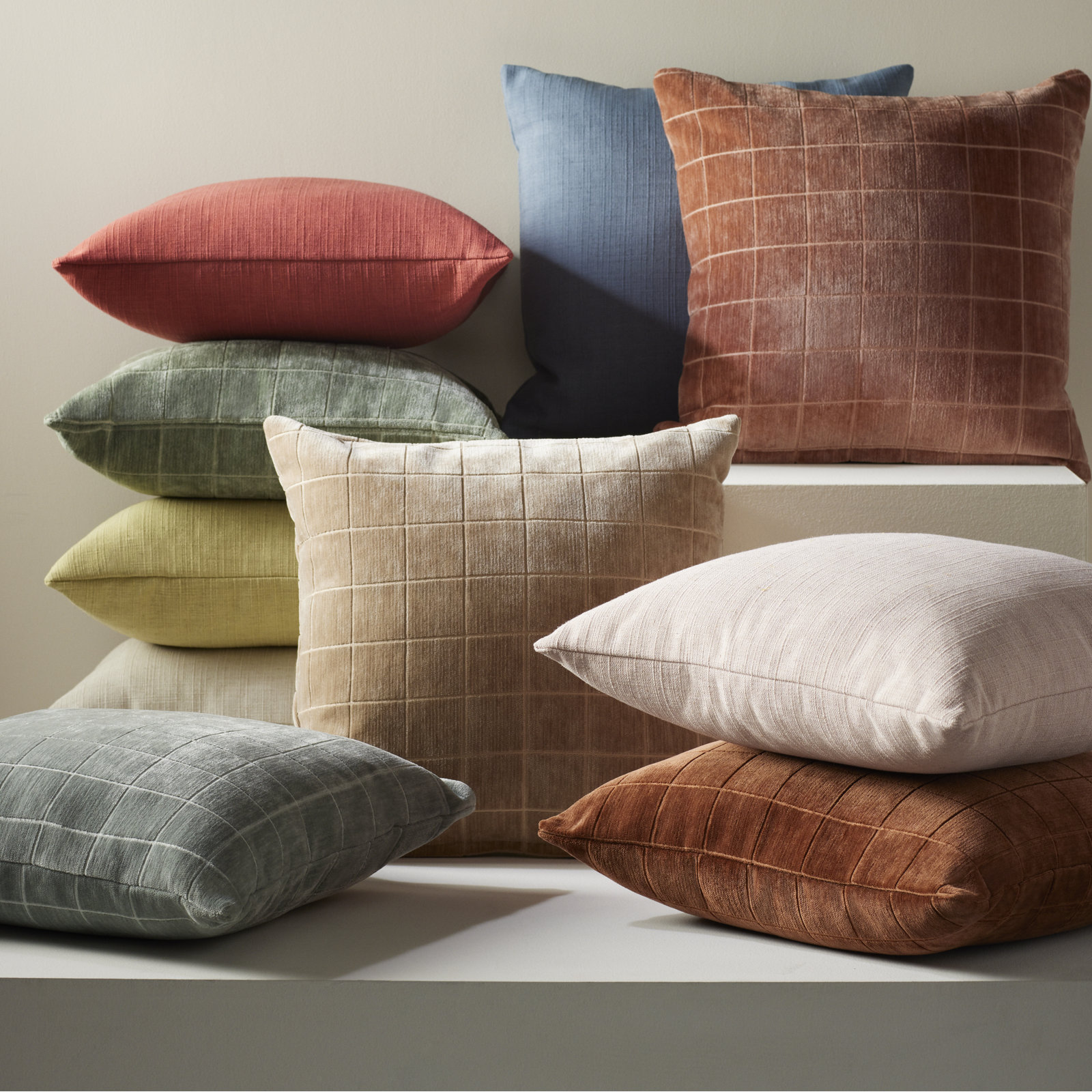 Otterville Velvet Grid Throw Pillow, Beige Geometric, Polyester, 16"H x 16"W