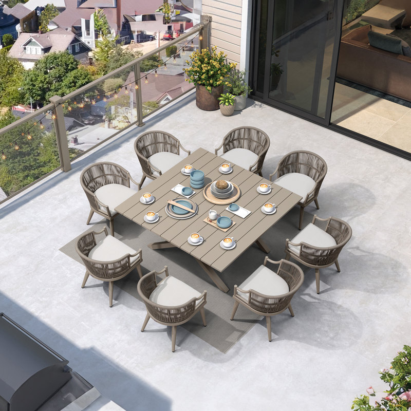 Ensemble de salle à manger de patio en osier avec table rectangulaire en aluminium et chaises à accoudoirs modernes PURPLE LEAF
