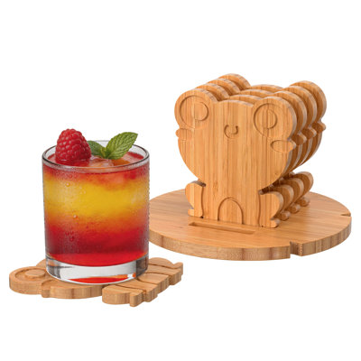 6-Piece Natural Bamboo Frog Coaster Set with Lotus Leaf Holder - Cute Non-Slip Heat-Resistant Drink Coasters for Wooden Table, Decorative Cup Mats for Coffee Mug, Tea | Natural Color