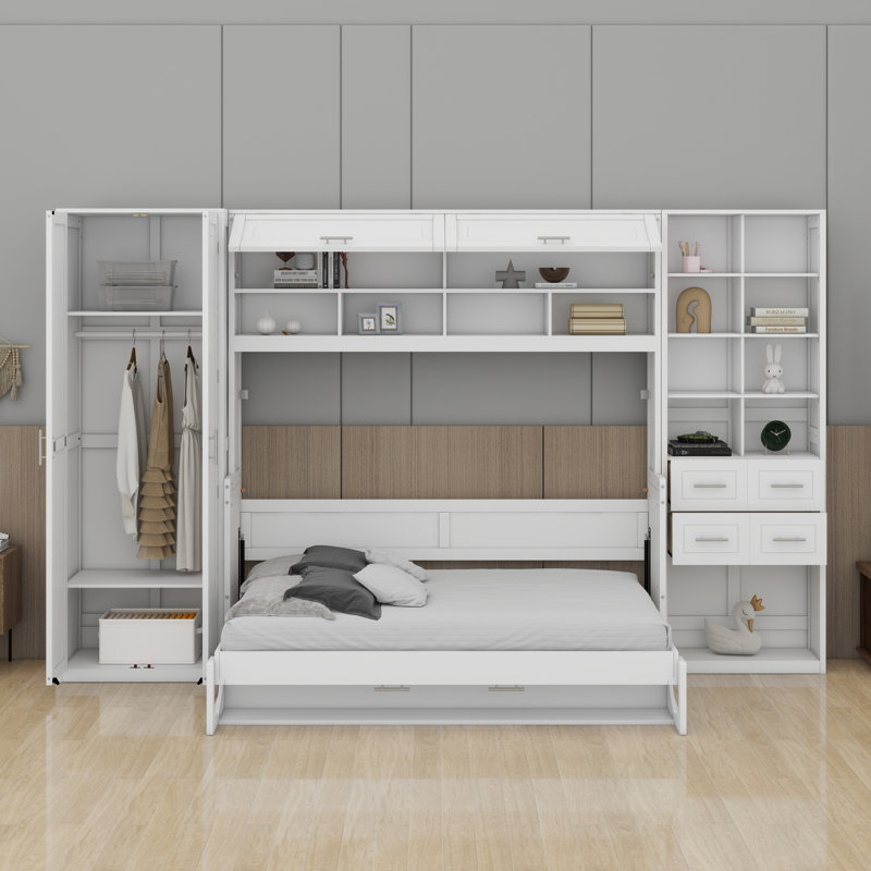 Lit escamotable Murphy avec placard, tiroirs et tablettes, Blanc