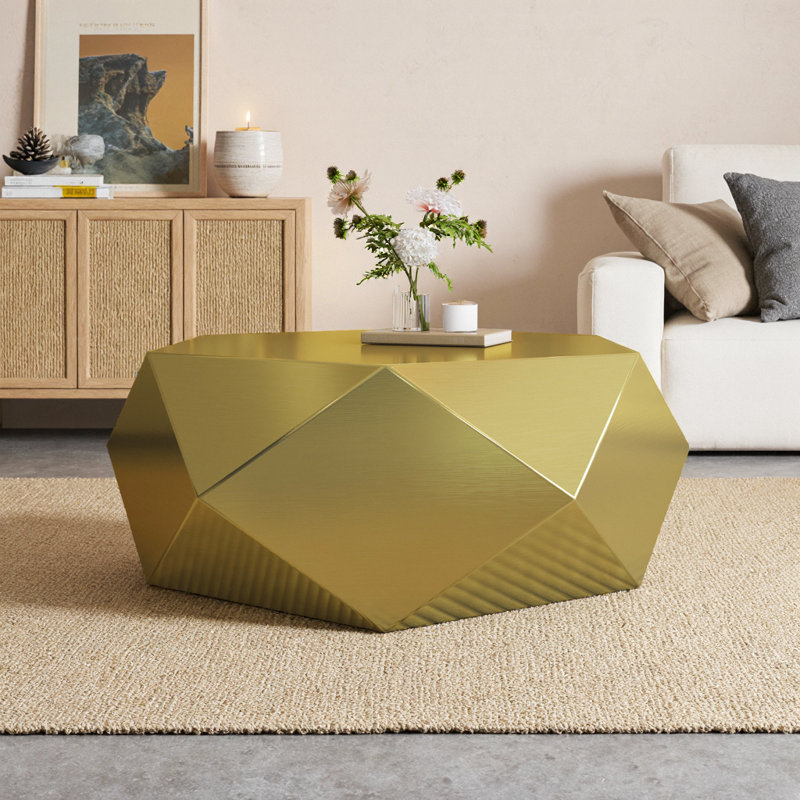 39" Modern Stainless Steel Coffee Table, Hexagonal Diamond Geometric End Table, No Assembly Required, Contemporary Metal Centre Table for Living Room, Bedroom, Office