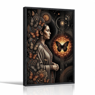Woman With Glowing Butterflies And Dotwork Patterns Canvas Wall Art