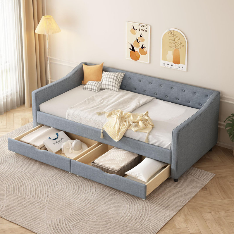 Daybed with Drawers Upholstered Tufted Sofa Bed, with Button on Back and Piping on Waved Shape Arms, Light Gray, Twin