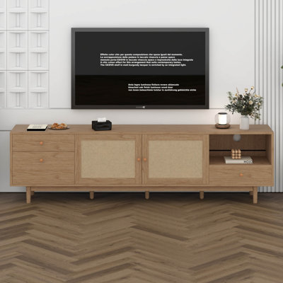 Meuble télé 76,6 po pour téléviseur de 65, 75 et 85 pouces, meuble télé en rotin avec rangement ouvert et tiroirs, meuble télé