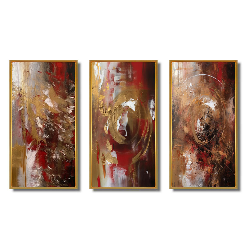 Ancient Italian Revelations In Gold And Red III - Abstract Painting Art Set Of 3 Pieces, Encadrement doré, H 40 po x l 60 po