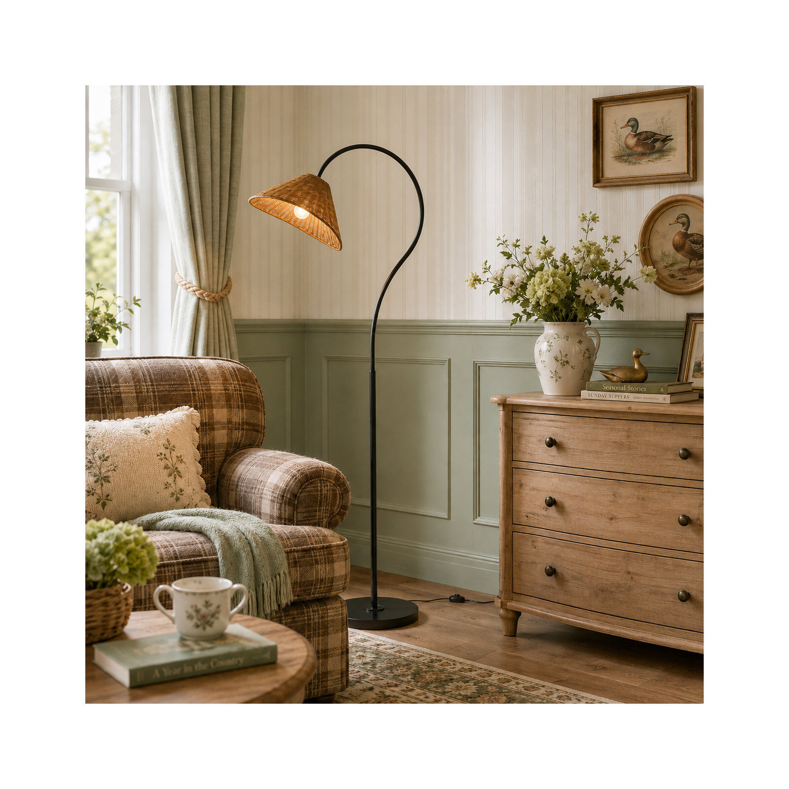 65” Arched Dimmable Rattan Floor Lamp, Black
