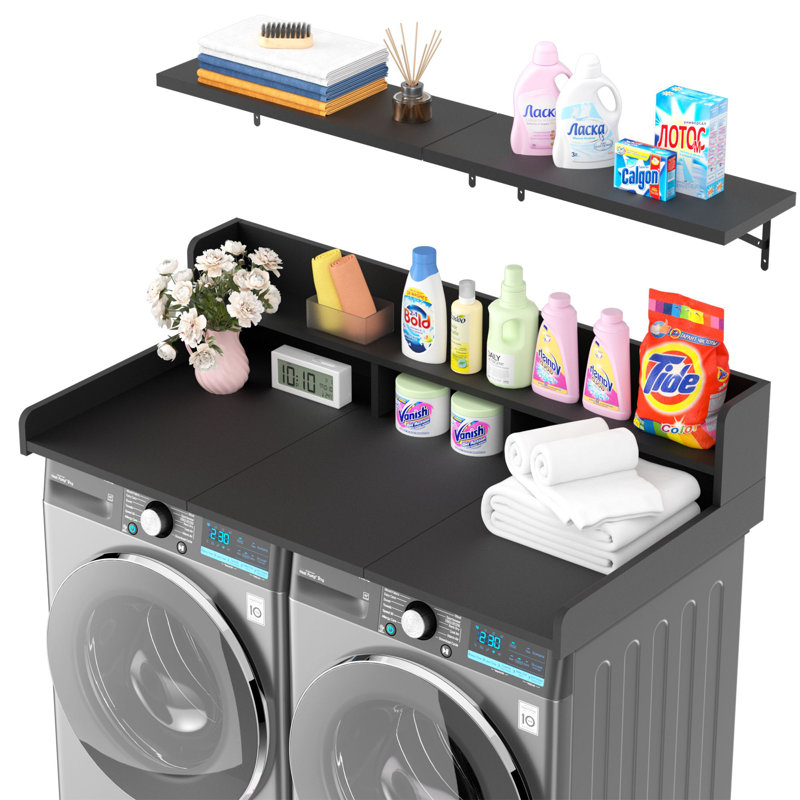 Waterproof Wooden Washer Dryer Countertop with Wall Shelves Set, Black