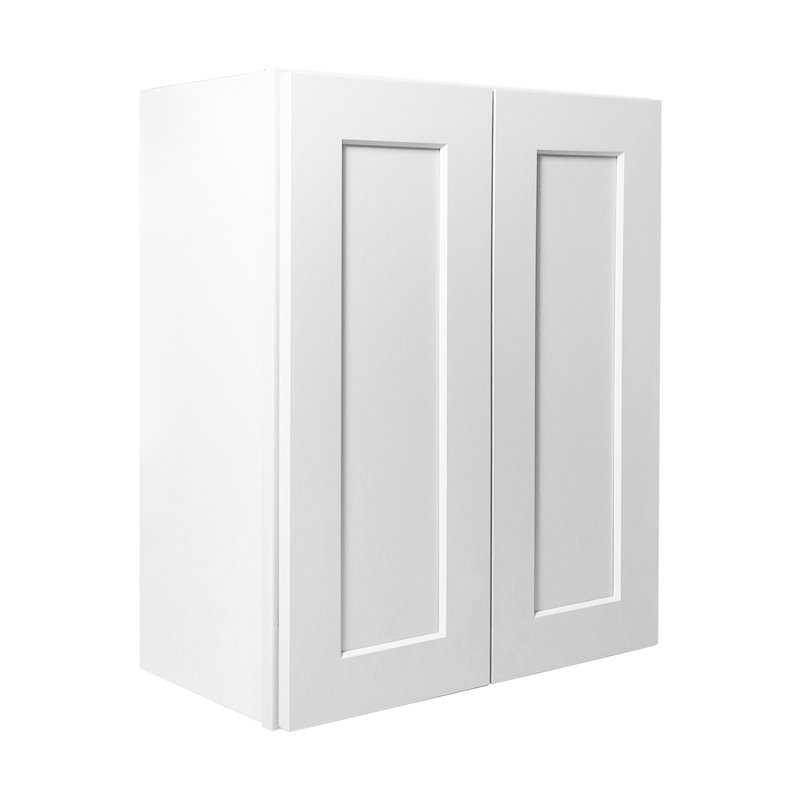 Armoire blanche en bois massif avec portes doubles et 2 tablettes de rangement réglables pour la cuisine, la salle de bain et la buanderie.