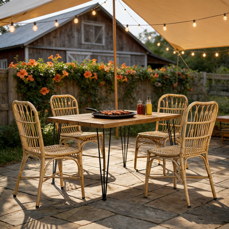 5-Piece Outdoor Dining Set with Acacia Wood Table and Rattan Chairs for Patio, Deck, or Backyard Use.