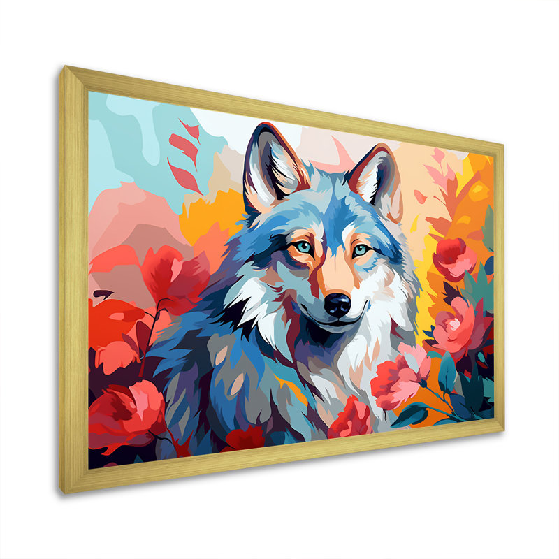 Impressionnant loup coloré impressionniste I - loup, art mural, Cadre doré à coins fermés, H 24 po x l 32 po x P 1 po