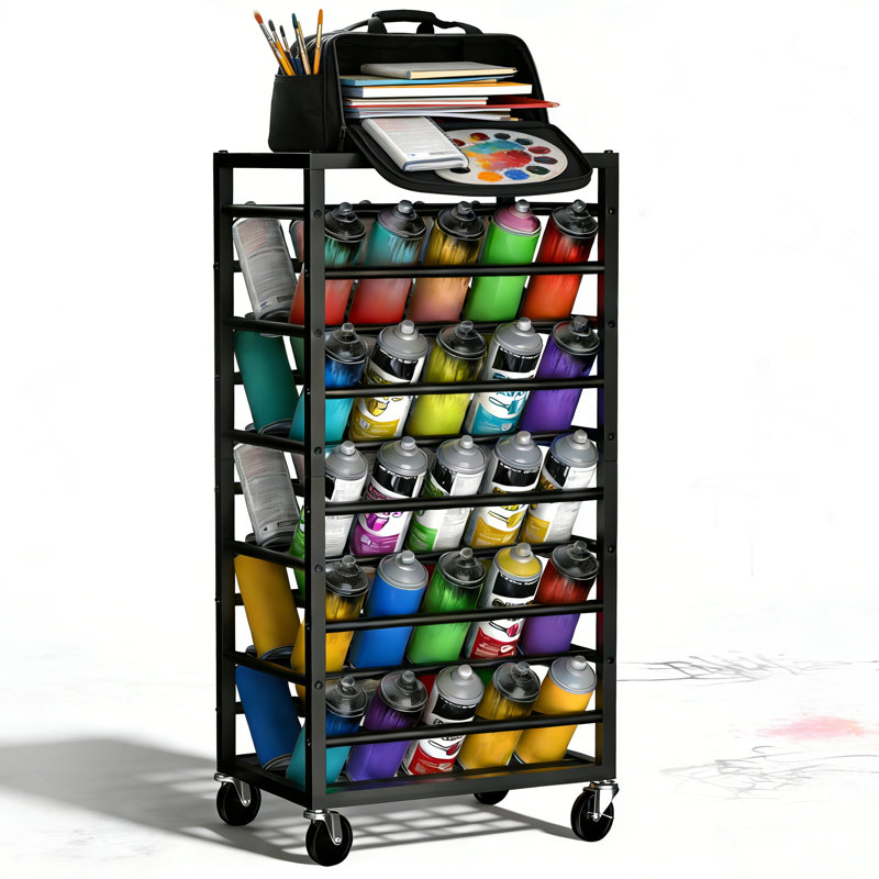 Organisateur de 50 pots de peinture en aérosol, chariot de rangement aérosol roulant robuste avec support double face, station entièrement en métal pour garage et atelier