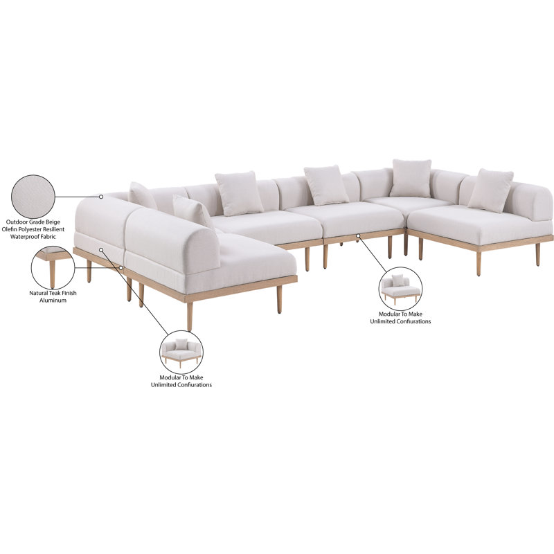 Canapé modulaire d'extérieur résilient en tissu résistant à l'eau de 142 po Madeleine, Beige