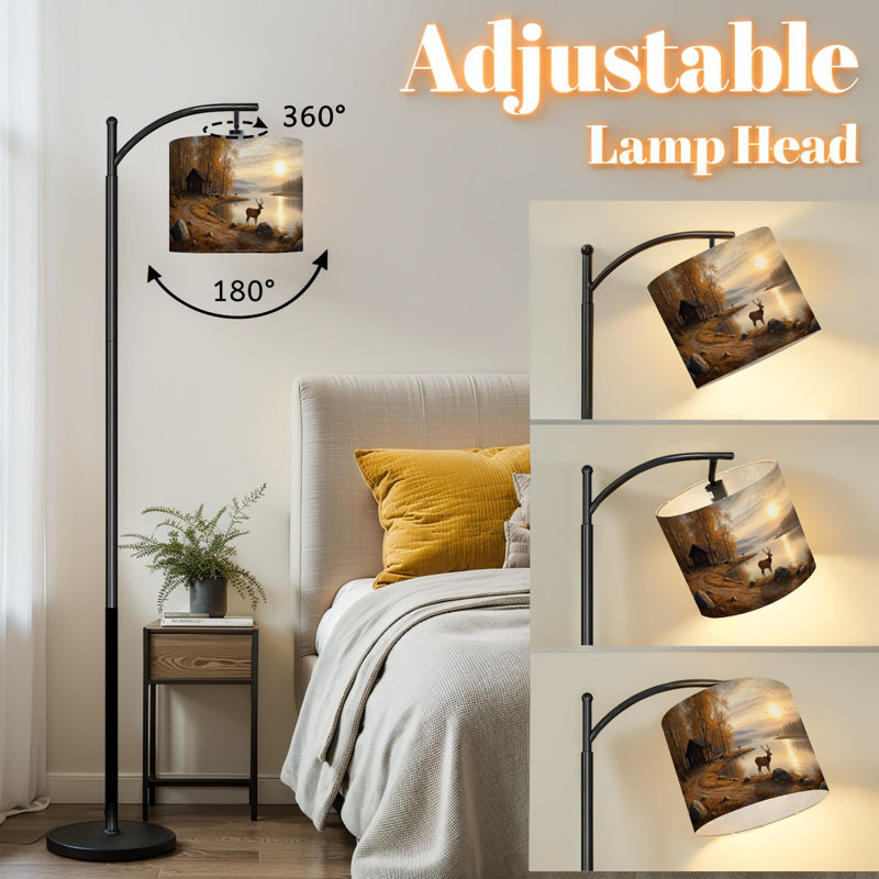 Lampe sur pied à arc avec abat-jour réglable cerf automne forêt rustique chalet animal de compagnie chasse aux élans sur pied
