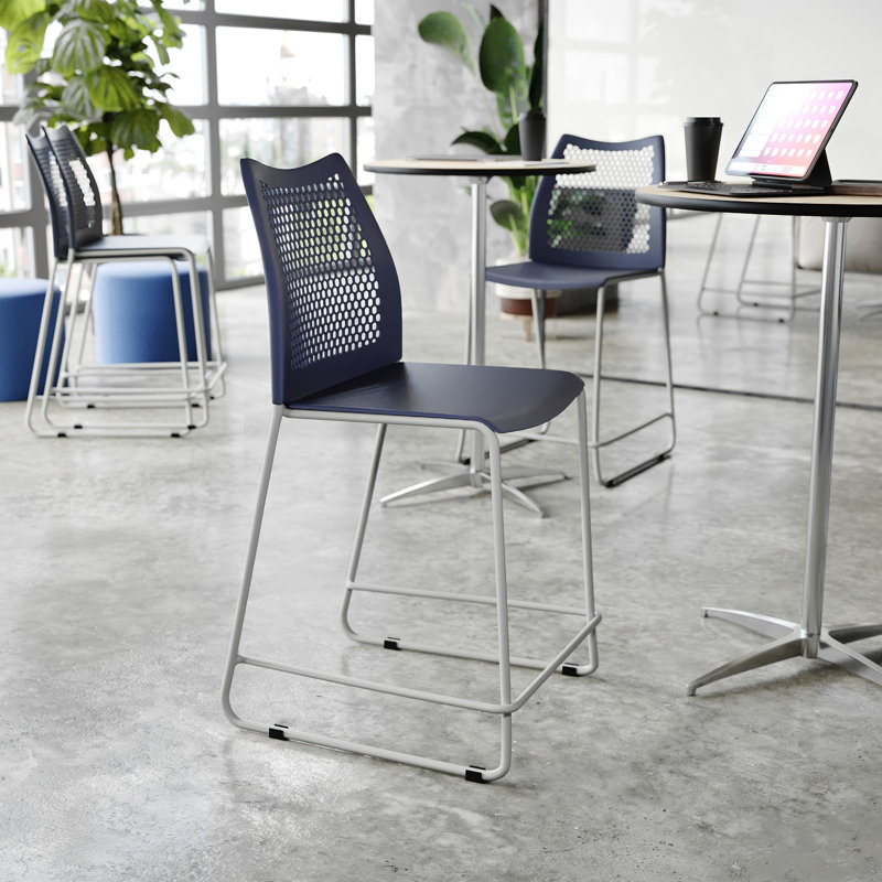 Stackable Sled Base Barstool With Vented Back And Integrated Footrest, Blue/Silver, 3, Counter Stool (24” Seat Height)