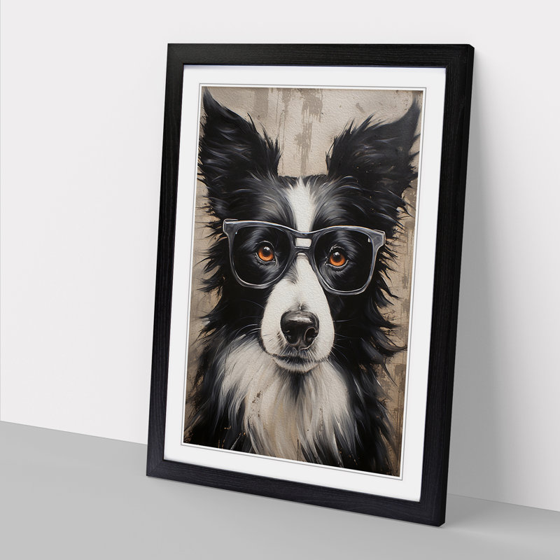 Border Collie with Glasses Painting - Framed Print, 34cm H x 25cm W x 2cm D, Black Framed