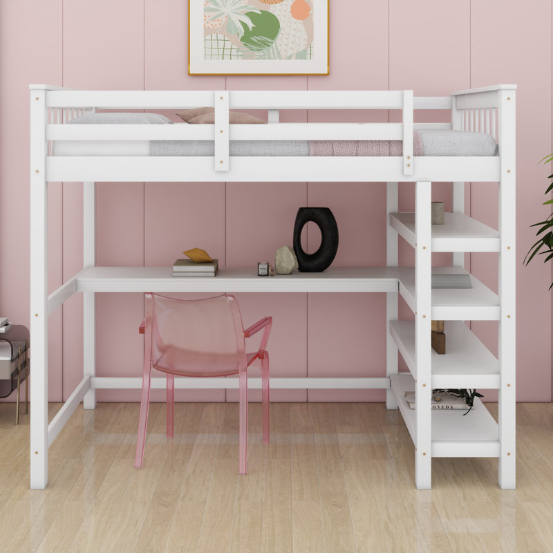 Lit mezzanine avec tablettes de rangement et bureau sous le lit, Blanc