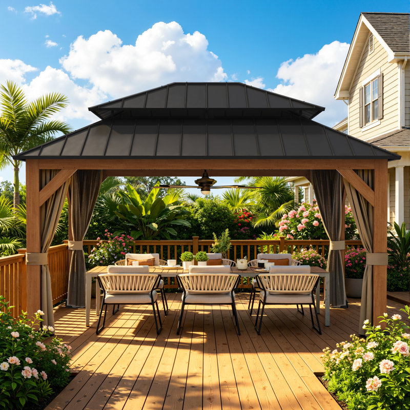  13ft x 15ft Aluminum Patio Gazebo with Double Galvanized steel Roof, Privacy Curtains & Mosquito Netting, Weatherproof & UV Protection for Garden, Porch, Lawn, Poolside & Backyard Deck