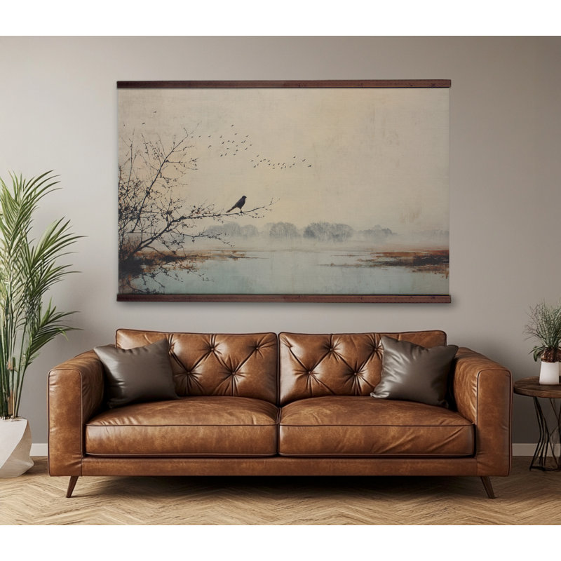 «Minimal Bird Landscape Tapisserie», reproduction d'art sur toile panoramique encadrée, H 32 po x l 48 po