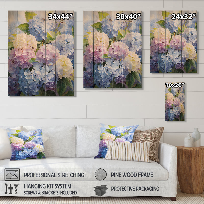 Hydrangées bleues et mauves éternelles I sur bois, H 40 po x l 30 po x P 0,78 po