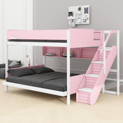 Modern Bunk Bed Featuring Striped Staircase & Display Shelves