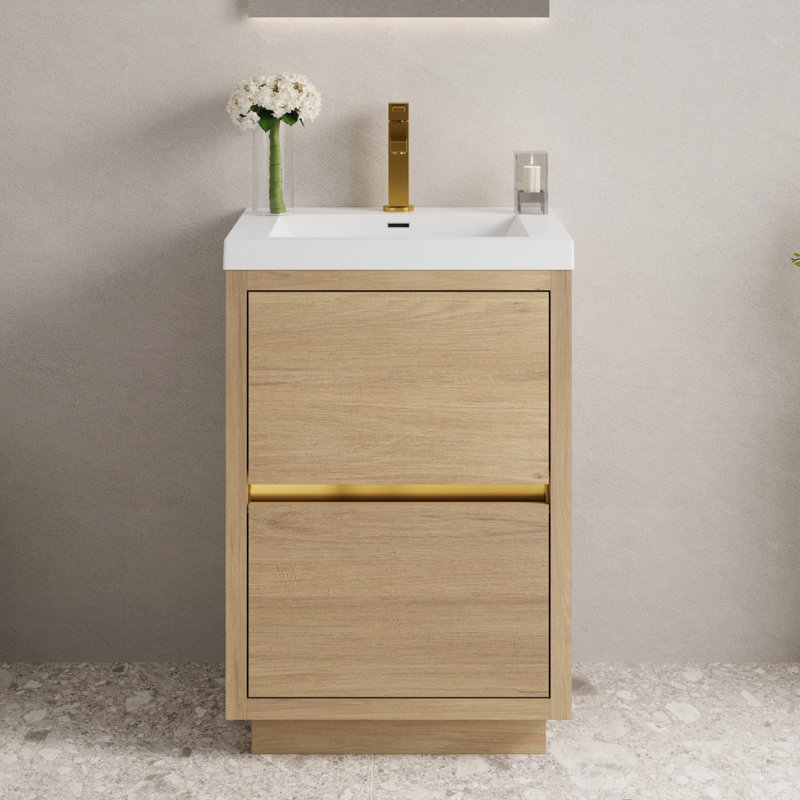 24" Freestanding Single Bathroom Vanity Modern Style Vanity with Integrated Stone Resin Countertop and Sink, 2 Soft Close Drawers