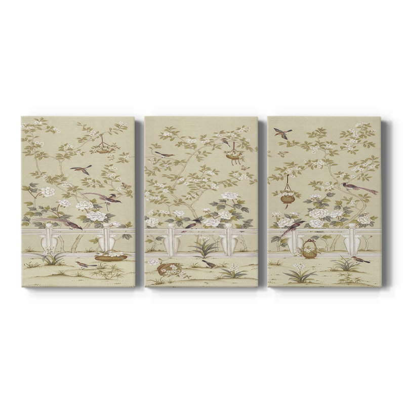 Adriana Classic Chinoiserie I  -Custom Wrapped Gallery Canvas - 3 Pieces, 12" H x 24" W