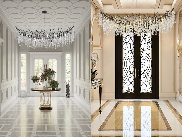 Tree Branch Snow Crystal Chandelier Lighting 63"L, Black/White