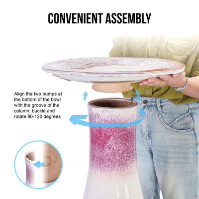 Handmade Glazed Ceramic Bird Bath, 17" Concentric Ripple Embossed Tray & 18" Pedestal Base, White To Rose Ombre Gradient Glaze Outdoor Bird Feeder For Yard, Lawn, Patio & Backyard