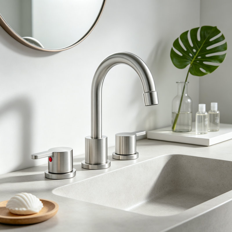 Robinet de salle de bain moderne à large entraxe avec bec pivotant à arc élevé, bonde escamotable et conduites d'alimentation