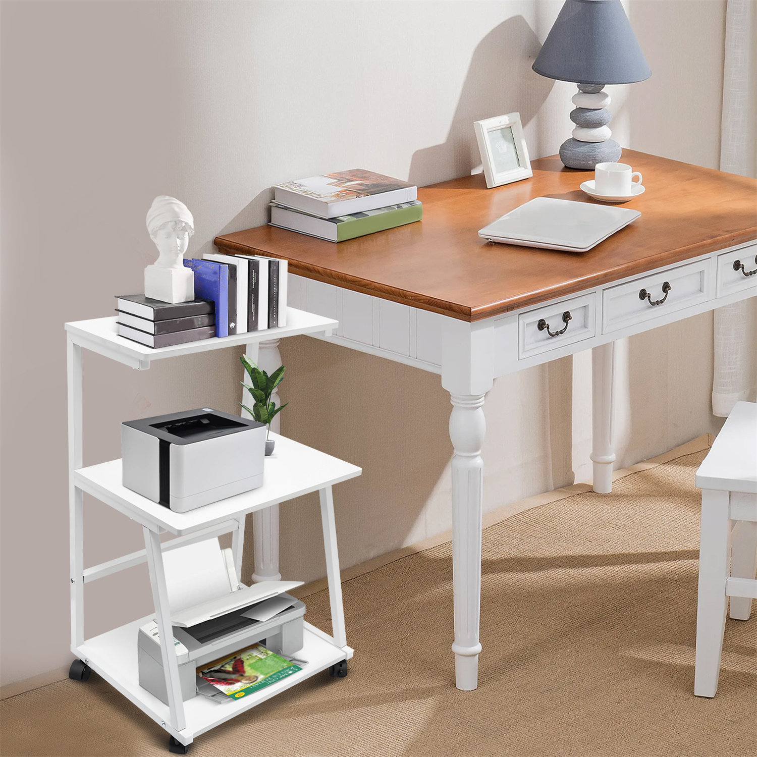 FITUEYES Under Desk Printer Stand with 3 Storage Organizer Compartments,  White Mobile Small Printer Table Work Cart on Removable Casters for Home