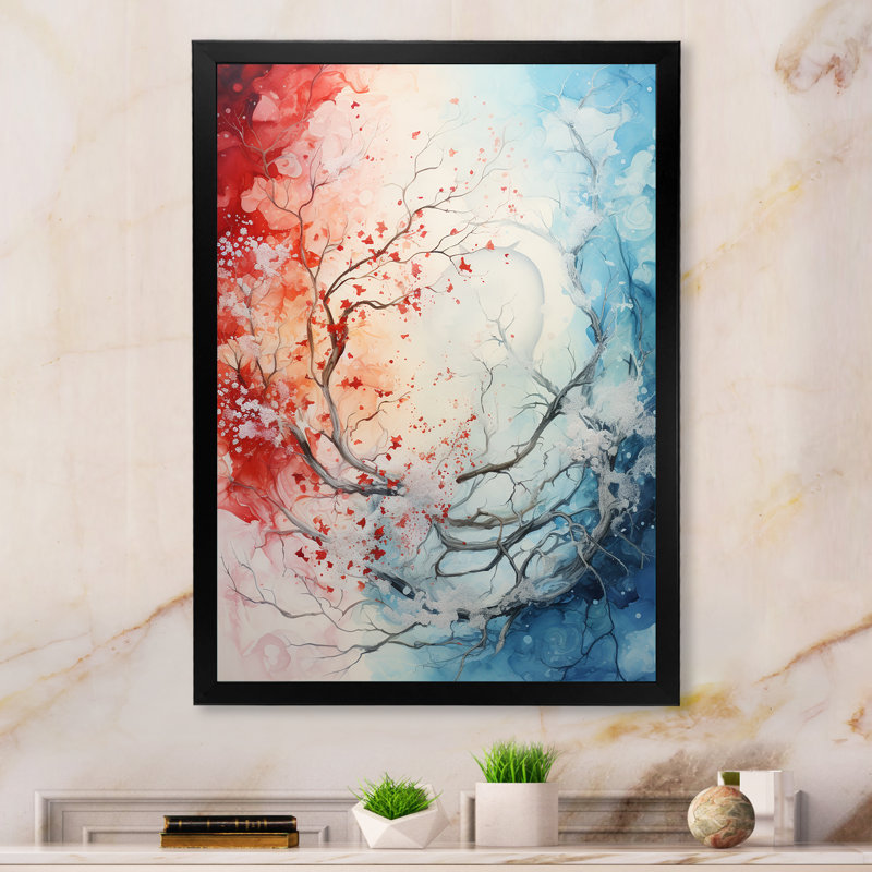 Feu et glace Tachisme arbre I - art mural tachisme, Cadre simple noir, H 20 po x l 12 po x P 1 po