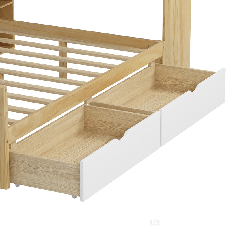 2 Drawers Daybed With Desk And Bookcase, Natural/White, Full