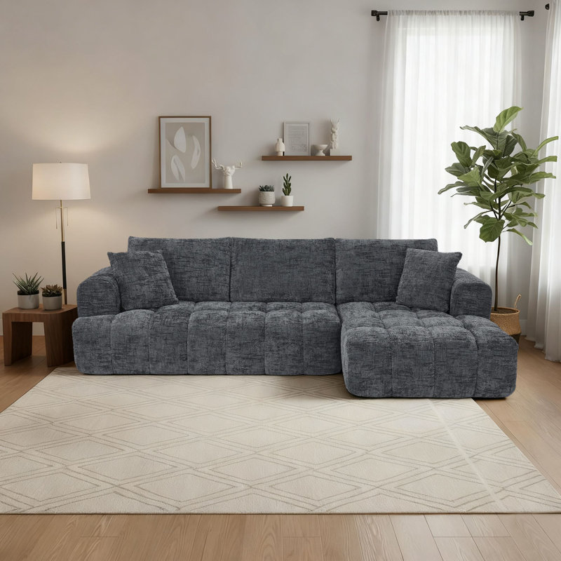 Classic Boneless L-shaped Chenille Fabric Upholstered 3-Seater Sectional Sofa with Two Pillows, Dark Blue Chenille