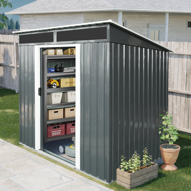6Ft X 5Ft Outdoor Metal Storage Shed With Lockable Sliding Doors And Transparent Plate For Garden, Lawn, Black/White