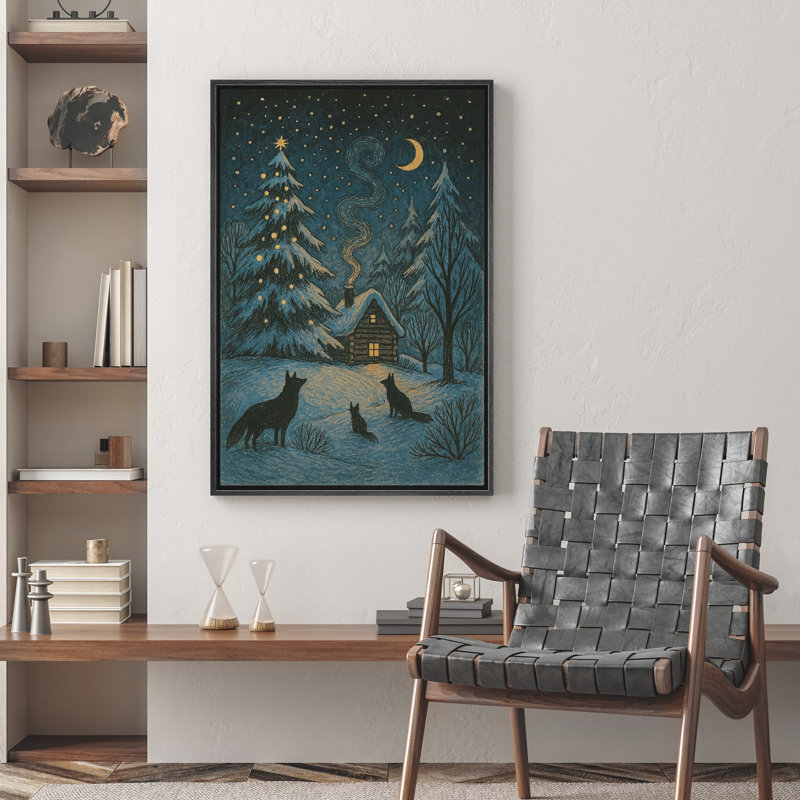 Hiver, art mural, impression sur toile encadrée, décoration de Noël, H 24 po x l 16 po, Noir