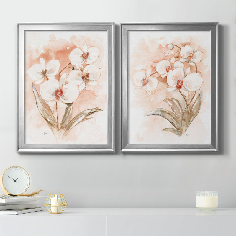 «White and Coral Orchid I», ensemble de 2 peintures sur toiles, H 22,5 po x l 61 po x P 1,5 po, Toile avec cadre argenté