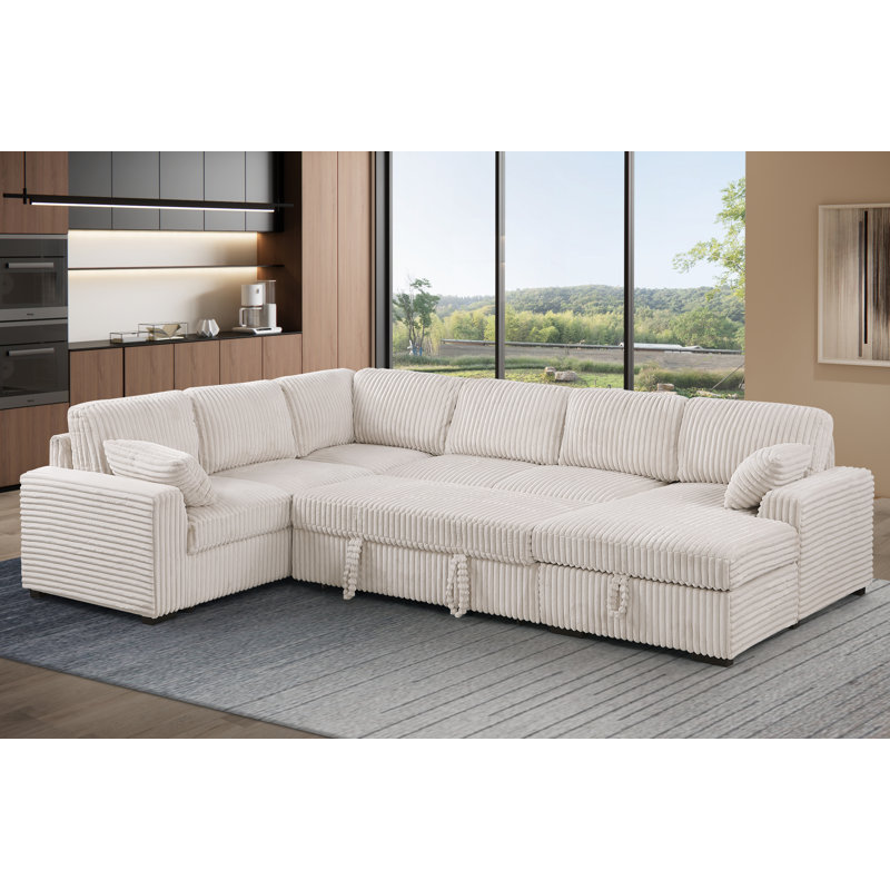 Canapé-lit modulaire en U avec lit escamotable et rangement, Chenille beige